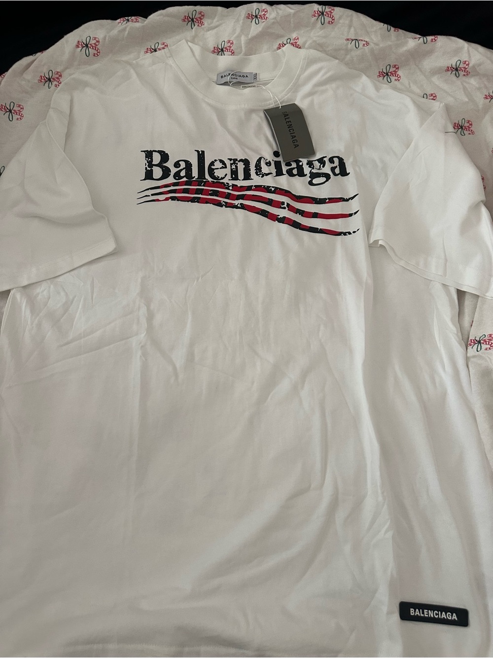 Balenciaga White Tee with Black Logo and Red Stripe Detail